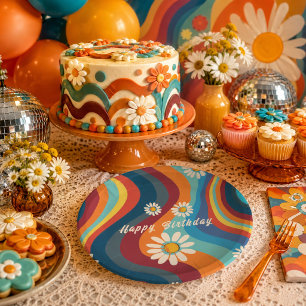Retro Groovy 70's Rainbow Daisy Birthday Paper Plate