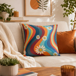 Retro Groovy 70's Rainbow Daisy Cushion