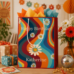 Retro Groovy 70's Rainbow Daisy Custom Name Medium Gift Bag