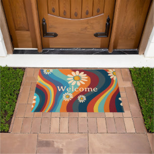 Retro Groovy 70's Rainbow Daisy Doormat