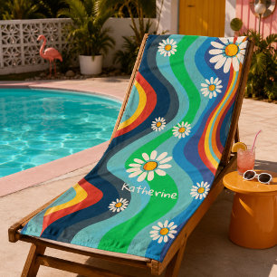 Retro Groovy 70's Rainbow Daisy Name Beach Towel