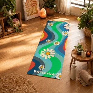 Retro Groovy 70's Rainbow Daisy Name Sports Yoga Mat