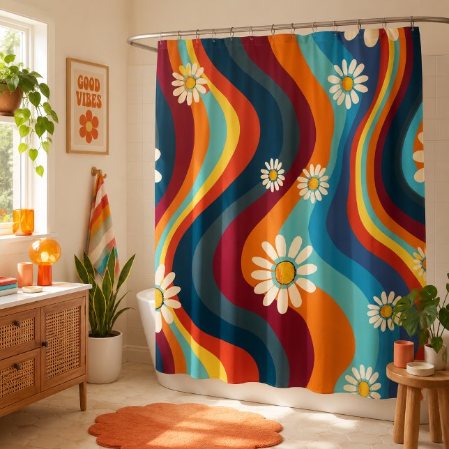 Retro Groovy 70's Rainbow Daisy  Shower Curtain (Creator Uploaded)