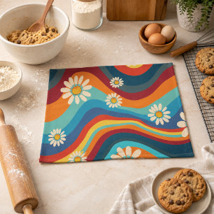Retro Groovy 70's Rainbow Daisy  Tea Towel
