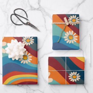 Retro Groovy 70's Rainbow Daisy Wrapping Paper Sheet