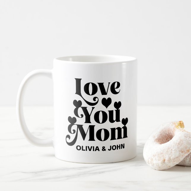 Retro Groovy 70's Themed Love You Mum Black Coffee Mug (With Donut)