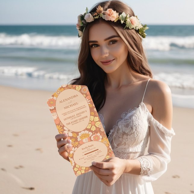 Retro Groovy 70's Themed Muted Tones Wedding All In One Invitation (Creator Uploaded)