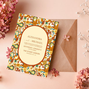 Retro Groovy 70's Themed Muted Tones Wedding Invit Invitation