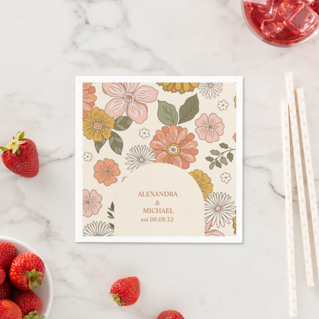 Retro Groovy 70's Themed Muted Tones Wedding  Napkin (Insitu)