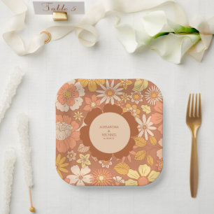Retro Groovy 70's Themed Muted Tones Wedding Paper Plate