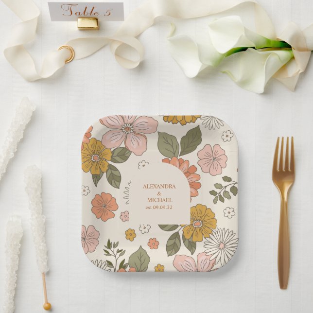 Retro Groovy 70's Themed Muted Tones Wedding  Paper Plate (Wedding)