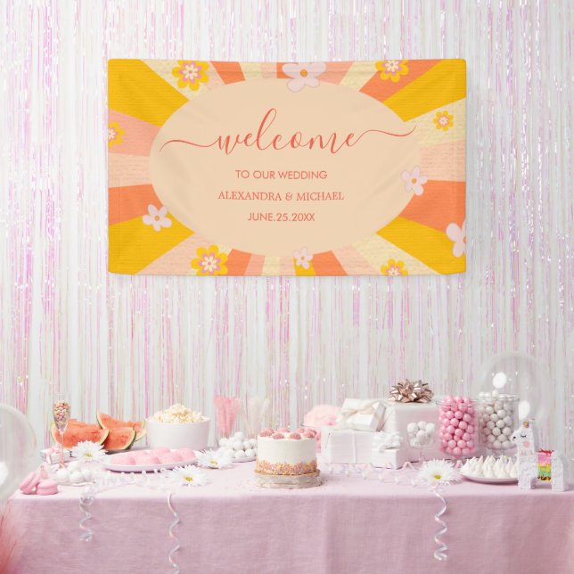 Retro Groovy 70's Themed orange yellow Wedding Banner (Party)