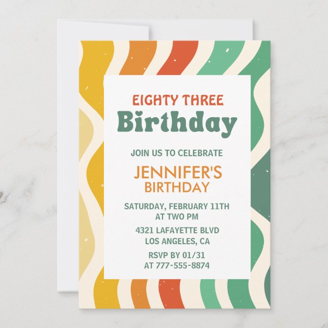 Retro Groovy 70s Wavy 83rd birthday Invitation (Front)