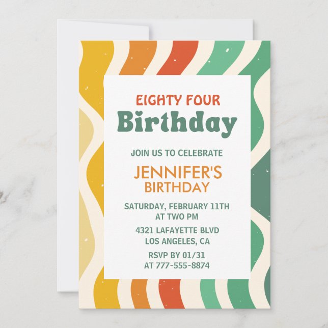 Retro Groovy 70s Wavy 84th birthday Invitation (Front)