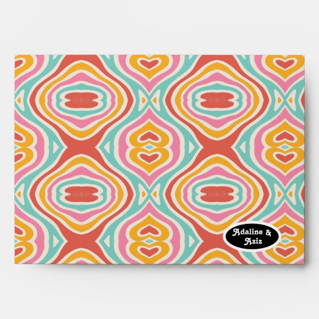 Retro Groovy 70s Wavy Colourful Wedding Envelope (Front)