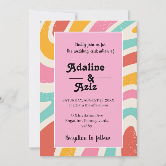 Retro Groovy 70s Wavy Colourful Wedding Invitation (Front)