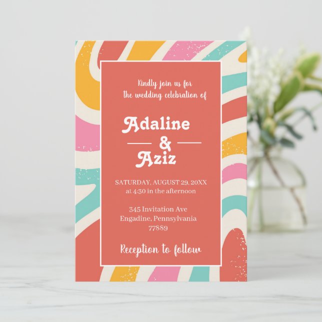 Retro Groovy 70s Wavy Colourful Wedding  Invitation (Standing Front)
