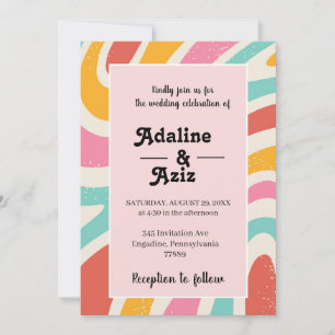 Retro Groovy 70s Wavy Colourful Wedding Invitation