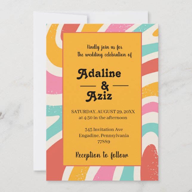 Retro Groovy 70s Wavy Colourful Wedding  Invitation (Front)