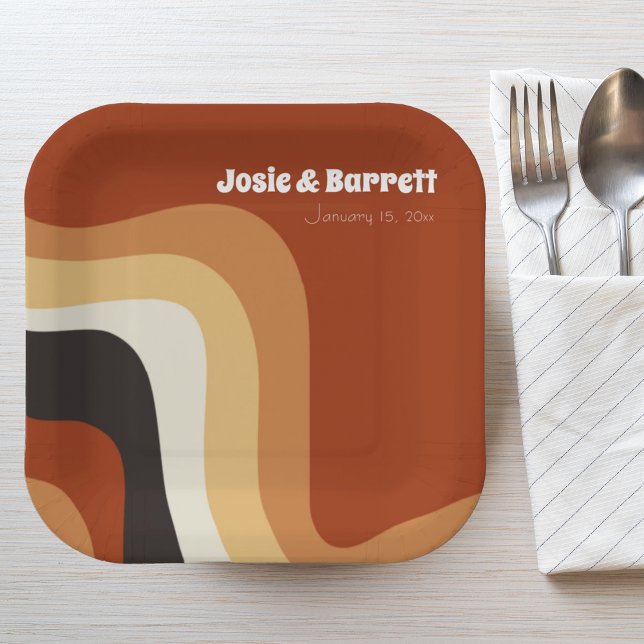 Retro Groovy 70s Wavy Orange Brown Funky Wedding Paper Plate (Creator Uploaded)