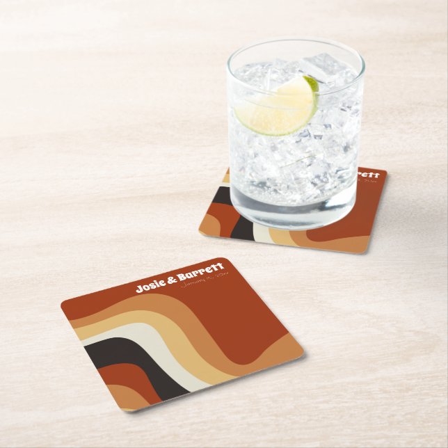 Retro Groovy 70s Wavy Orange Brown Funky Wedding Square Paper Coaster (Insitu)