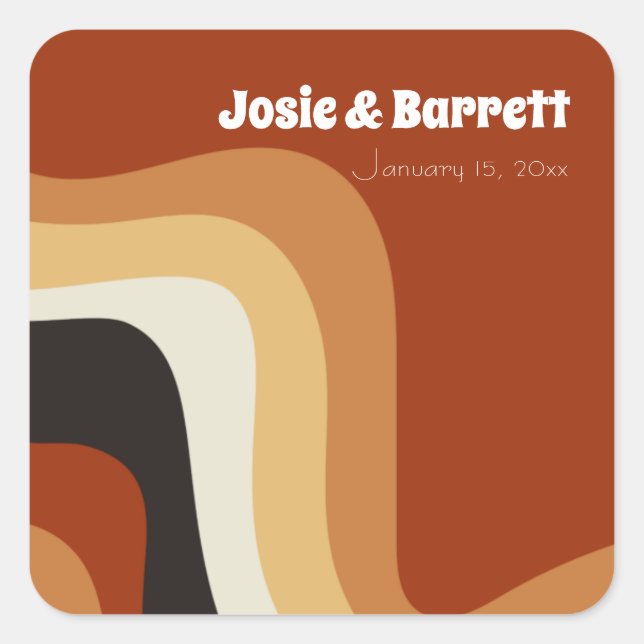 Retro Groovy 70s Wavy Orange Brown Funky Wedding Square Sticker (Front)