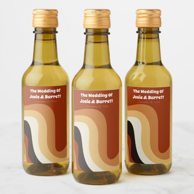 Retro Groovy 70s Wavy Orange Custom Wedding Mini Wine Label (Bottles)