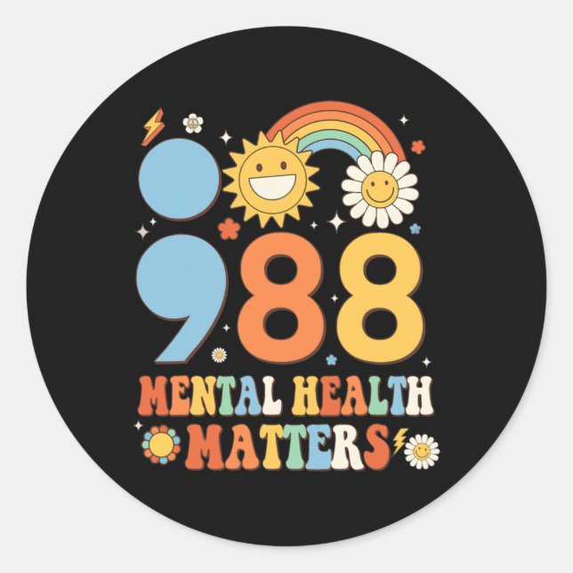 Retro Groovy 988 Mental Health Problems Suicide Pr Classic Round Sticker (Front)