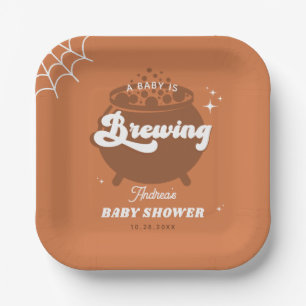 Retro Groovy A Baby Is Brewing Fall Baby Shower  Paper Plate