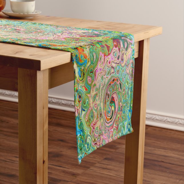 Retro Groovy Abstract Colourful Rainbow Swirl Short Table Runner (In Situ)