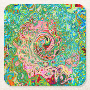 Retro Groovy Abstract Colourful Rainbow Swirl Square Paper Coaster