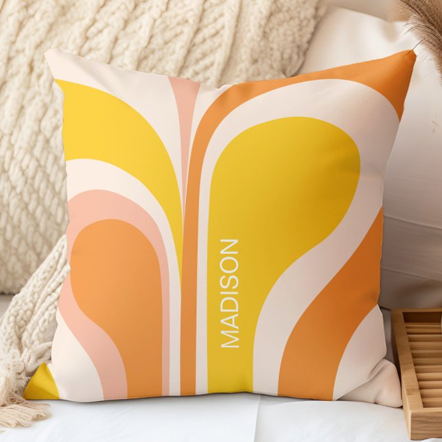 Retro Groovy Abstract Peach Orange Yellow Name Cushion (Creator Uploaded)