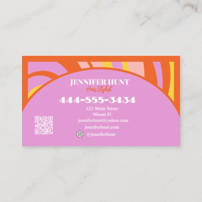 Retro Groovy Abstract Wavy QR code Social Media  Business Card (Back)