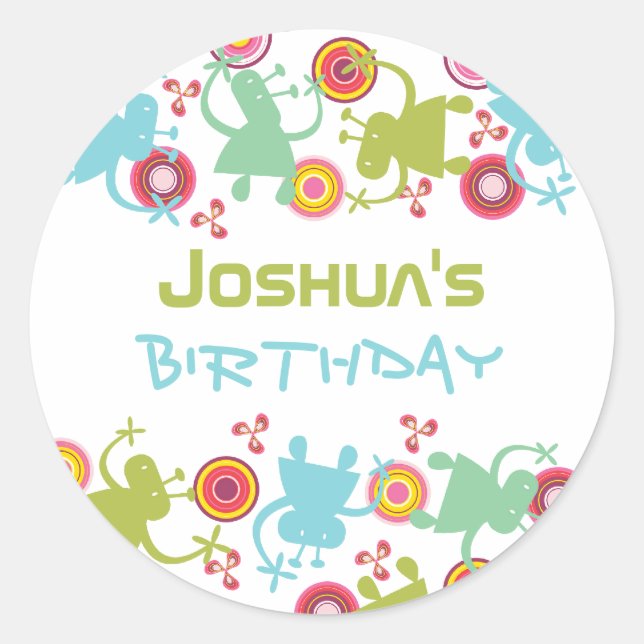 Retro Groovy Aliens Kids Birthday Label Sticker (Front)