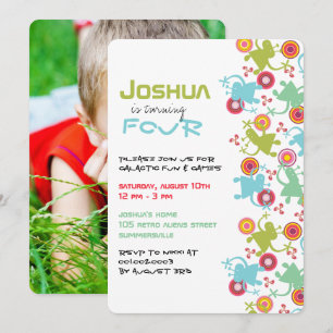 Retro Groovy Aliens Kids Photo Birthday Invitation