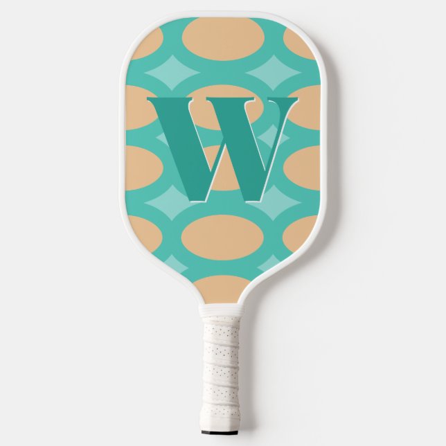 Retro Groovy Aqua & Peach Monogram Pickleball Paddle (Back)