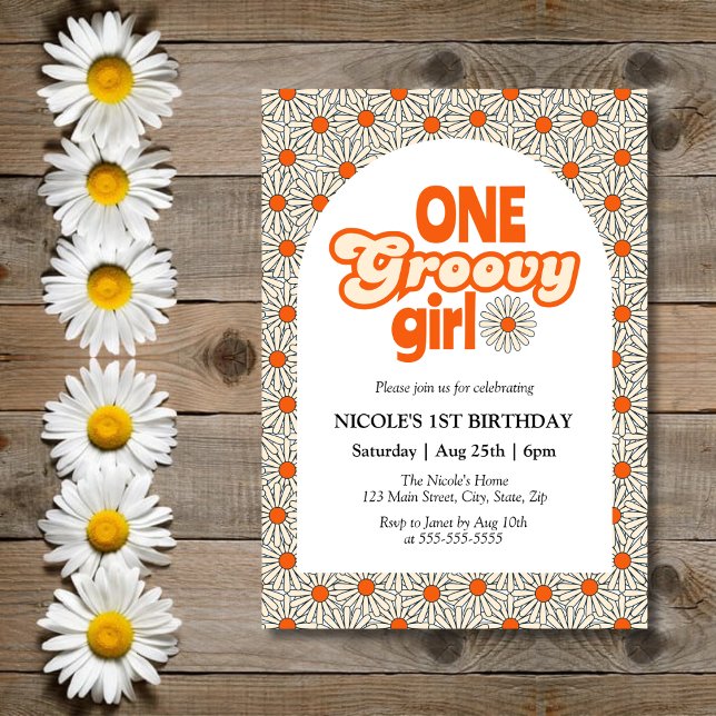 Retro Groovy Arch Bright Orange Daisy 1st Birthday Invitation (Creator Uploaded)