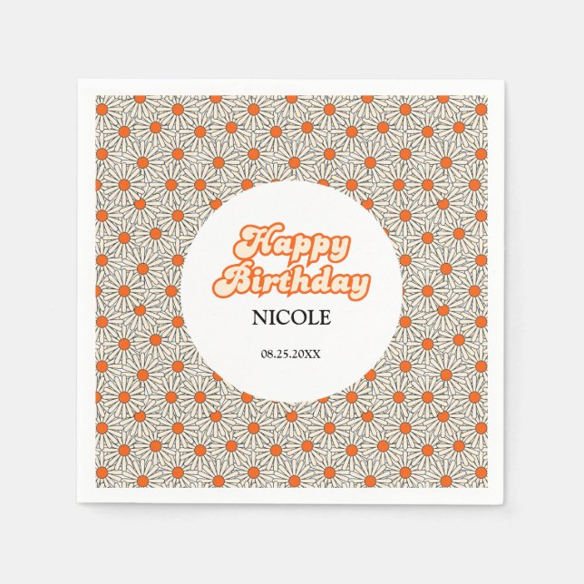 Retro Groovy Arch Bright Orange Daisy Birthday Napkin (Front)