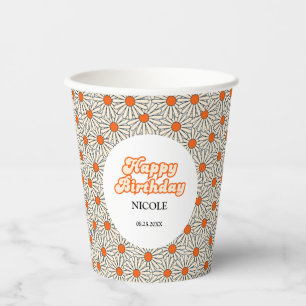 Retro Groovy Arch Bright Orange Daisy Birthday Paper Cups