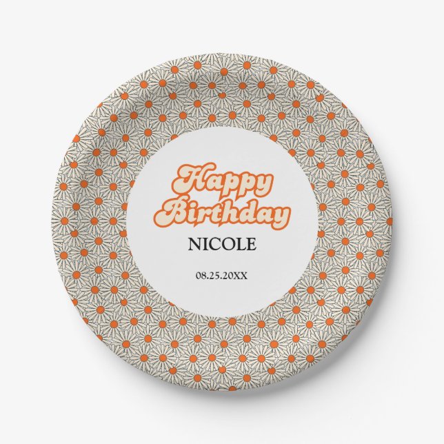 Retro Groovy Arch Bright Orange Daisy Birthday Paper Plate (Front)
