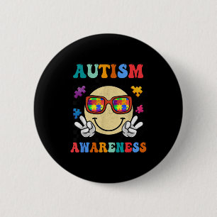 Retro groovy autism awareness acceptance smile fac 6 cm round badge