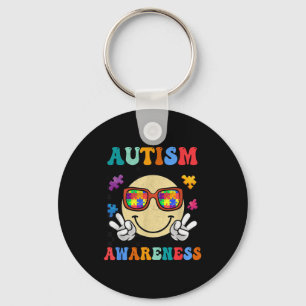 Retro groovy autism awareness acceptance smile fac key ring