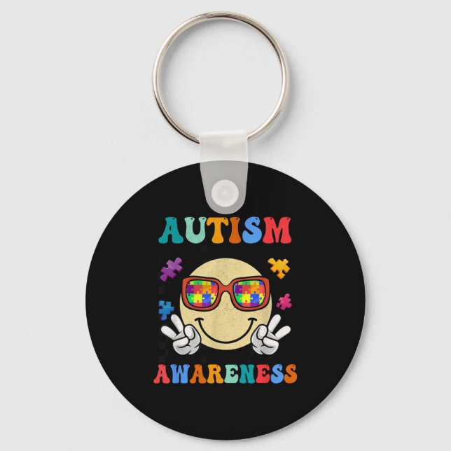 Retro groovy autism awareness acceptance smile fac key ring (Front)