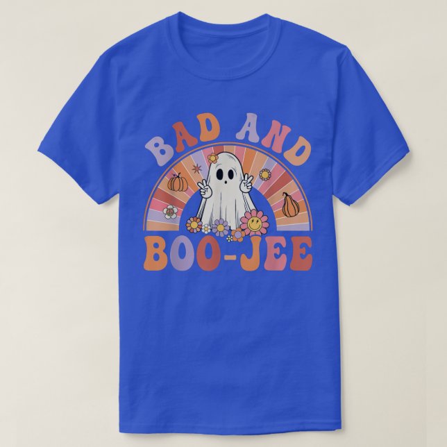 Retro Groovy Bad And Boo-Jee Floral Ghost Hallowee T-Shirt (Design Front)