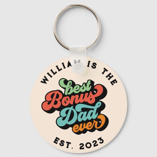 Retro Groovy Best Bonus Dad Ever Photo Name  Key Ring (Front)
