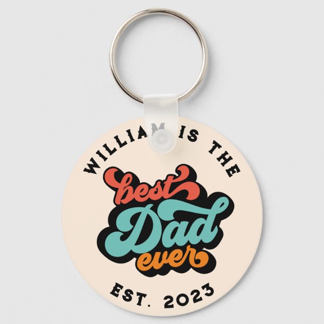 Retro Groovy Best Dad Ever Name Year Photo Key Ring (Front)