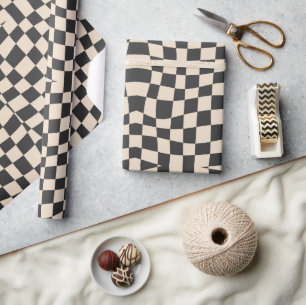 retro groovy black cream wavy checkered  wrapping paper