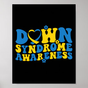Retro Groovy Blue And Yellow Ribbon Down Syndrome Poster