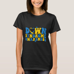 Retro Groovy Blue And Yellow Ribbon Down Syndrome T-Shirt