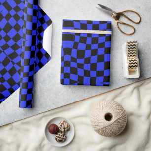 retro groovy blue black wavy checkered  wrapping paper
